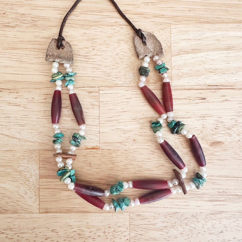 Southwestern Choker Turquoise Chips Pearls Bone Beads Leather Tie 16"
